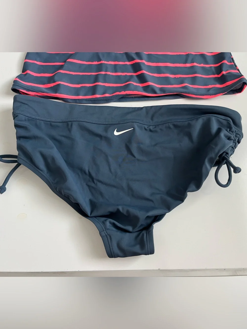 Nike Women’s Navy and Pink Striped Tankini Swim Set